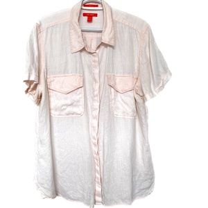 Joe Fresh Blouse Pink Peach Linen Short Sleeve Pockets Button Up Shirt Size 2XL